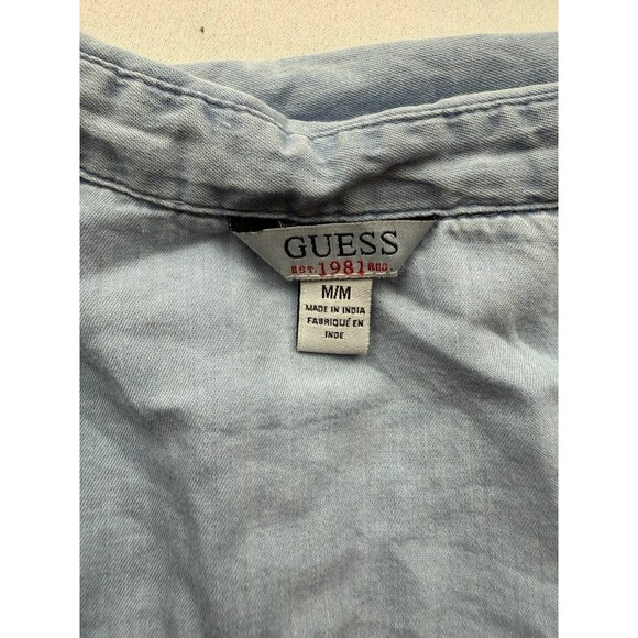 Guess Women Medium Y2K 90s Denim Chambray Shirt Blouse Top Blue Short Sleeve - Picture 2 of 6